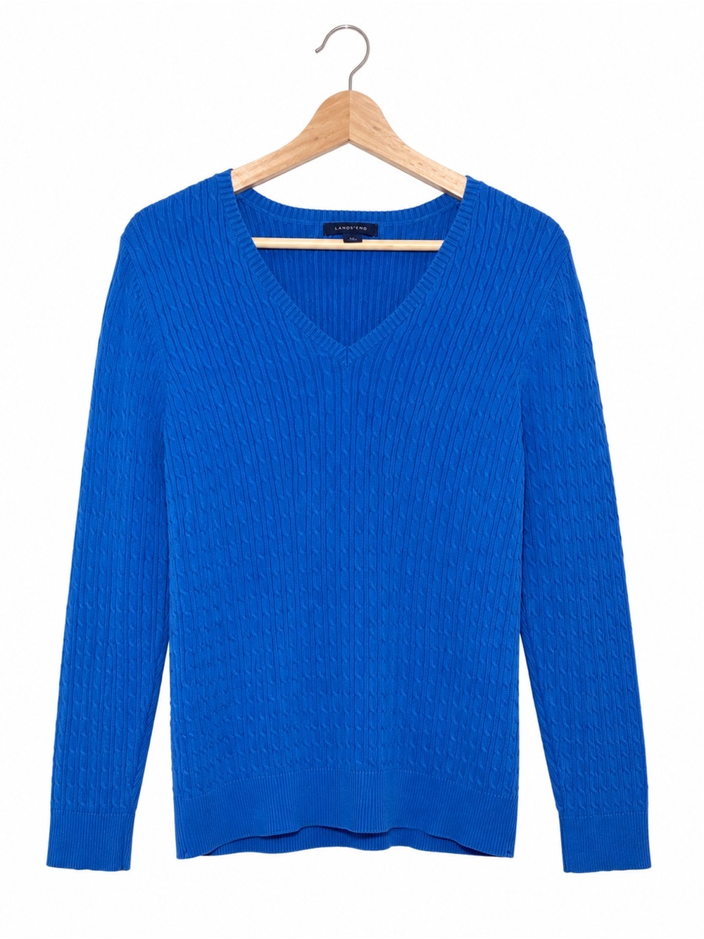 Lands' End Royal Blue Cable Knit V-Neck Sweater | Classic Preppy Pullover - Picture 2 of 10